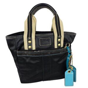 Coach LO5M-126 Hampton Tote Shopper Purse, Black with Teal Accents 8" x7.5"x 4"